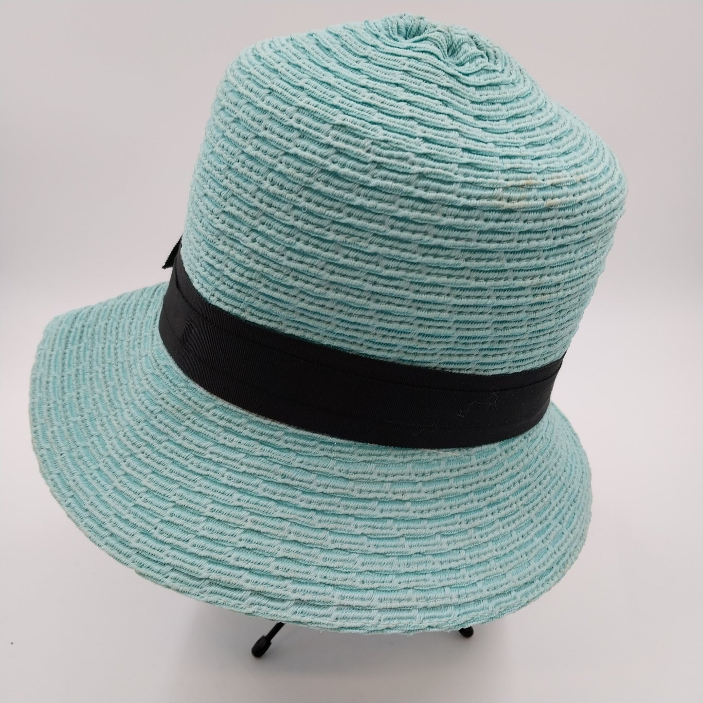 Rike's Light Blue Teal Woven Paper Straw Summer Hat with Black Ribbon Bow Accent