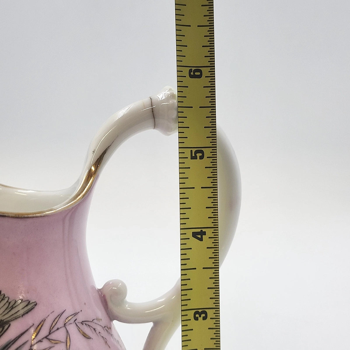 Pink Porcelain Creamer Pitcher Birds Nest Blue Flowers Gold Trim 6" Vintage