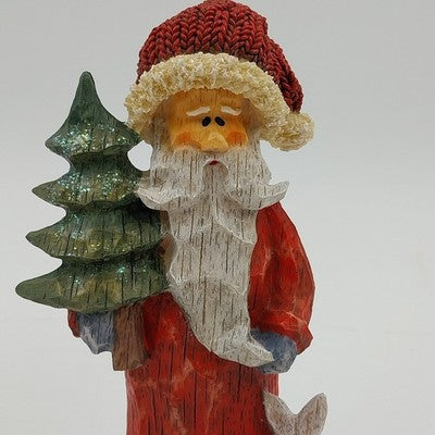 Christmas Santa Claus Resin Figurine Carved Look Holding Tree w Rabbit at Feet
