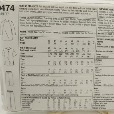 Simplicity 9474 Uncut Sewing Pattern 18W-24W Pants Skirt Tunic Top Vintage