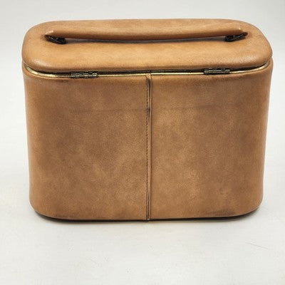 Tan Leather Train Case – 10.5" Travel Luggage with Cane Web Front, Latch Closure, Pockets & Interior Mirror Vintage