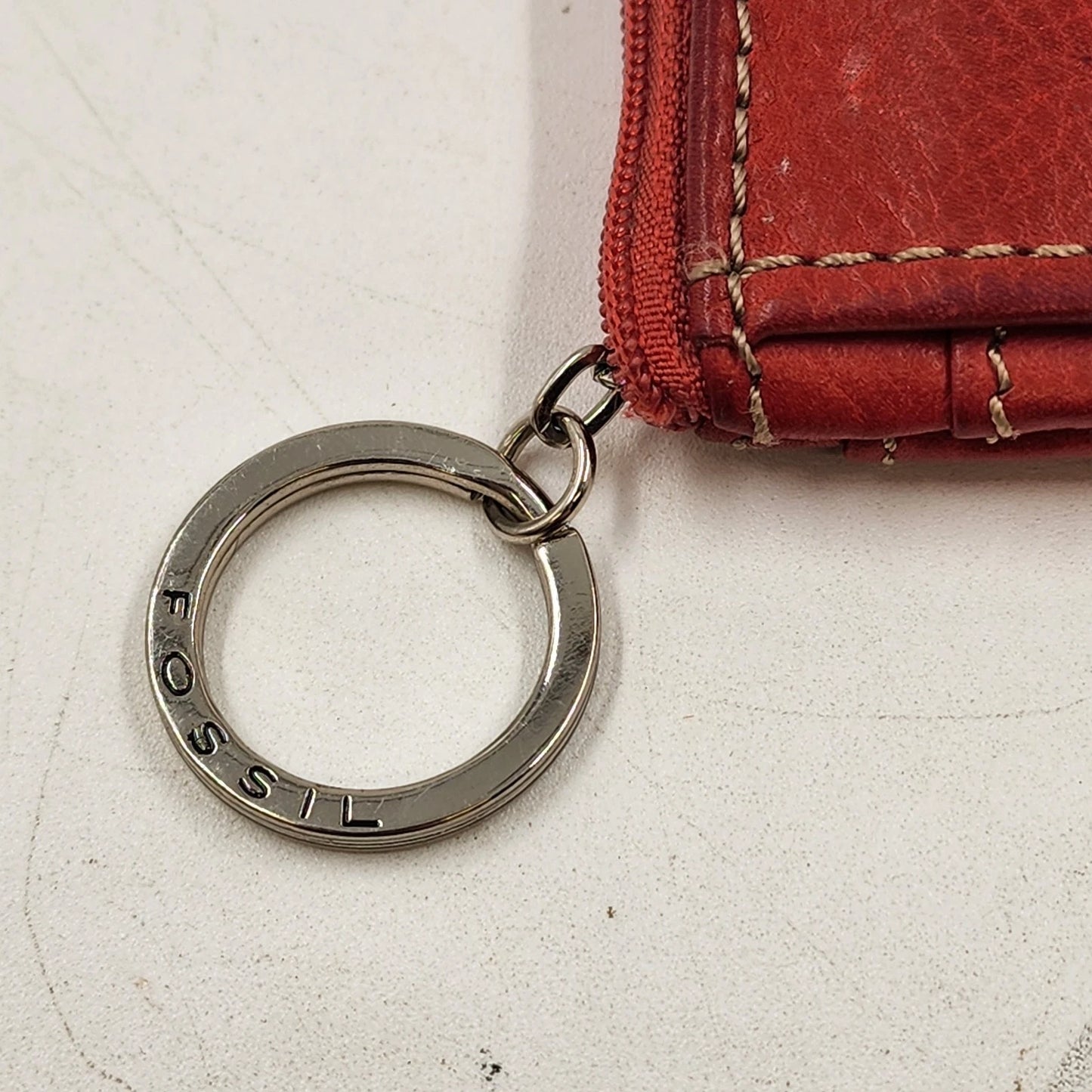 Fossil Red Leather Mini Wallet ID Window Keychain Coin Zip Pouch 4.25"