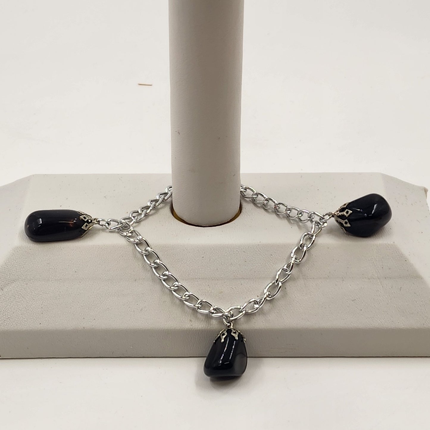 Polished Charm Black Amethyst Silver Tone Bracelet 8" Chain Aluminum Link