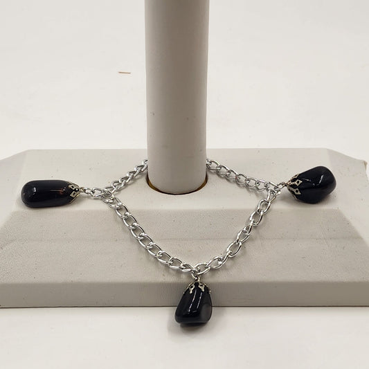 Polished Charm Black Amethyst Silver Tone Bracelet 8" Chain Aluminum Link