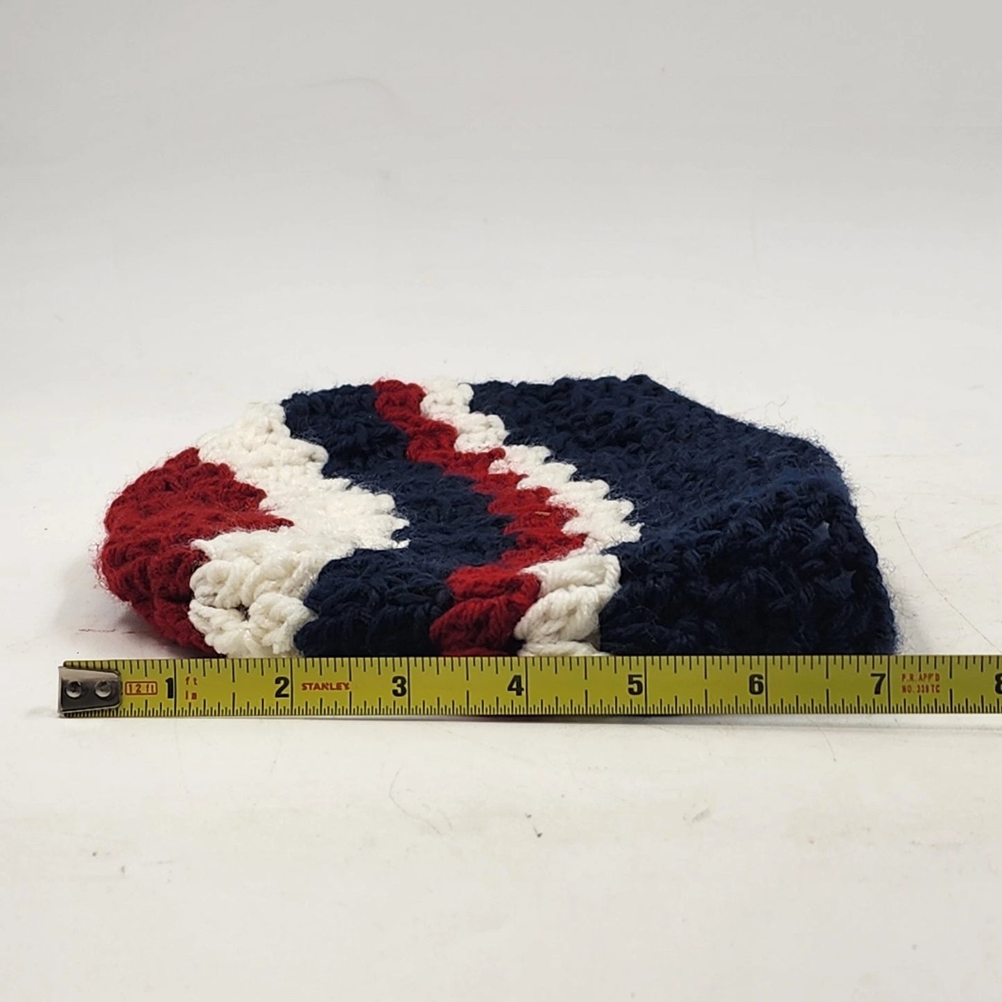 New Handmade Crochet Messy Bun Beanie Navy Blue Red White Ponytail Hat Medium