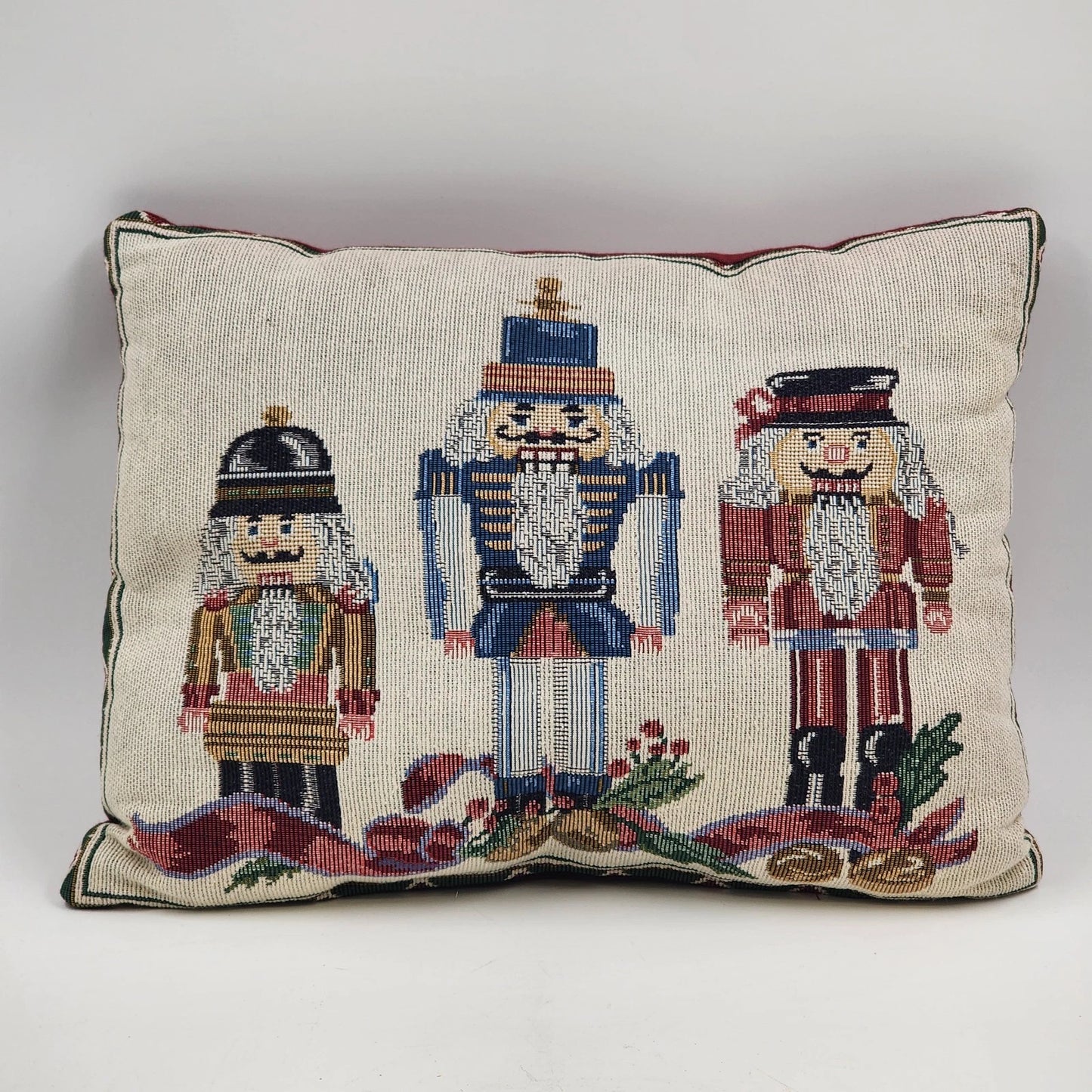Christmas Nutcracker Soldiers Throw Pillow Tapestry Red Decor 15" x 11" Vtg USA