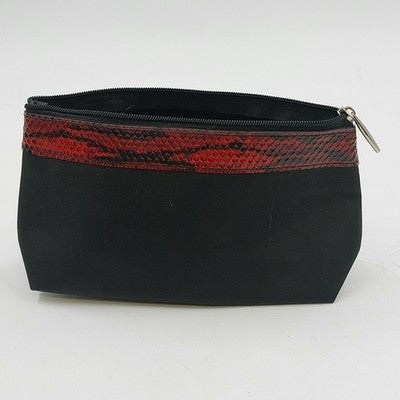 Lancome Black w Red Trim Croc Detail Cosmetic Bag Purse 9" x 4.5" Zipper Closure