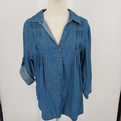 Gloria Vanderbilt Blue 3/4 Sleeve Roll Tab Shirt Blouse Large Chic Stylish Top