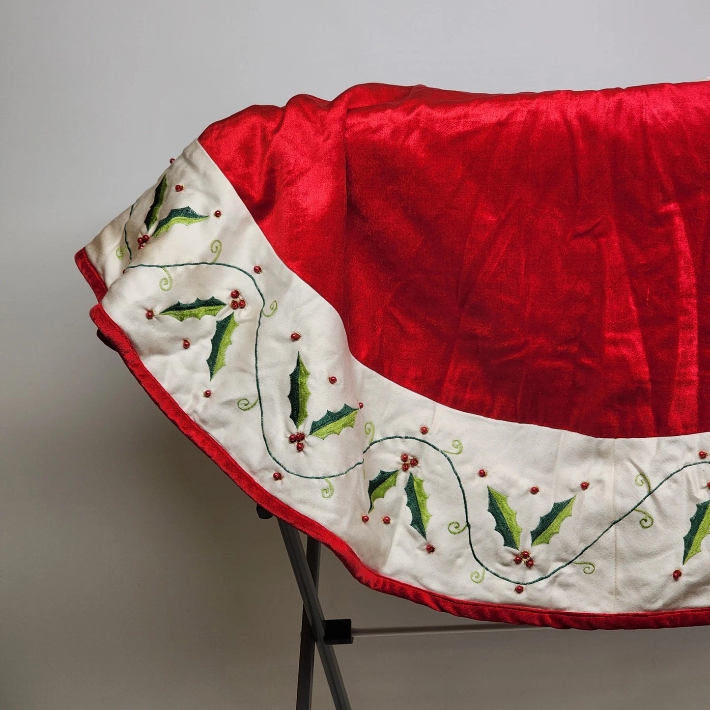Red Christmas Tree Skirt 48" with Round White Holly Berries Trim Buttons Holiday