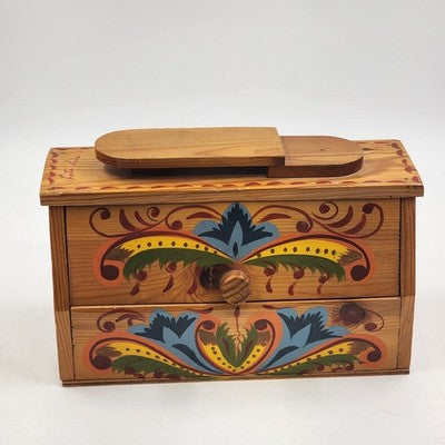 Toleware Wood Box Storage Shoe Shine Norwegian Rosemaling Hand Painted Folk Art