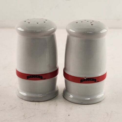 Set of 2 Ceramic Salt Pepper Shakers Wisconsin Badgers Logo White Red Trim 3.5"h