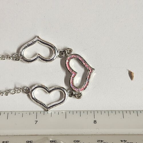 Three Heart Silver Tone Necklace 16" Pink Glitter Center Lobster Clasp Jewelry