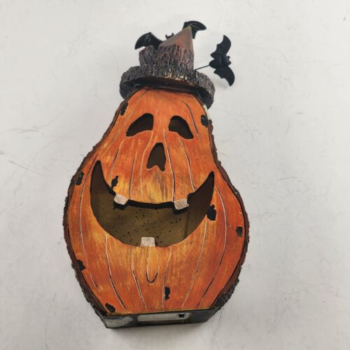 8" Resin Carved Jack-O-Lantern Mock Wood Bats Multi-Color Lighted New Batteries