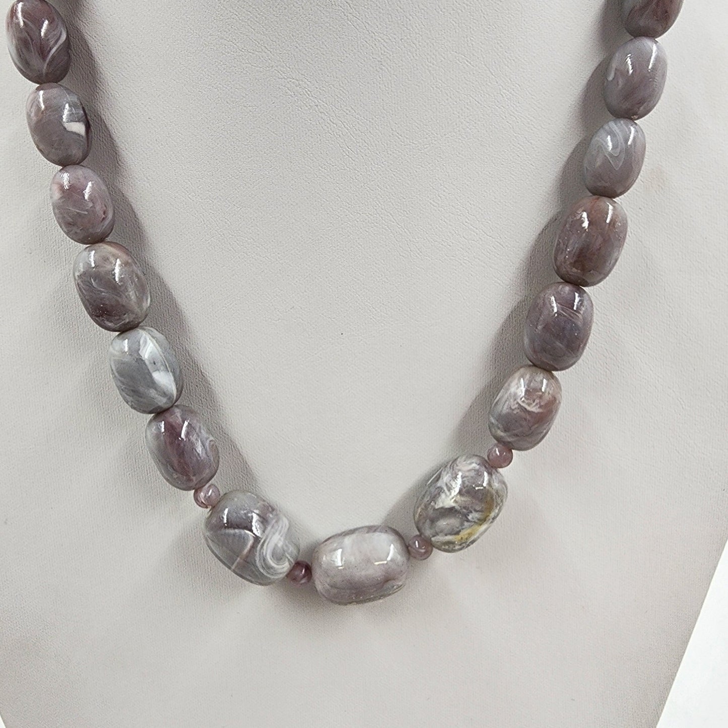 Gray Lavender Polish Marbled Agate Faux Pearl Beads Long Statement Necklace 12"