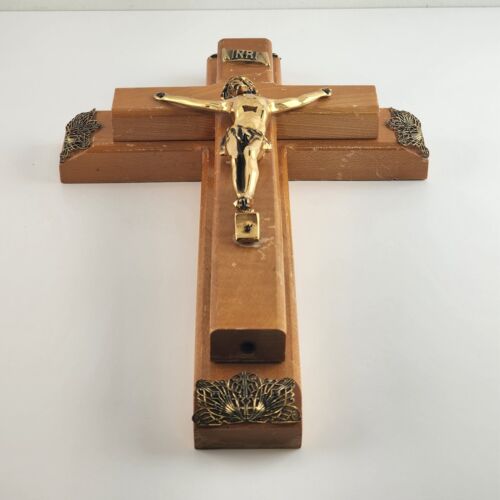 Vintage Crucifix Wooden Wall Hanging Candle Box Cross Catholic Religious Brass