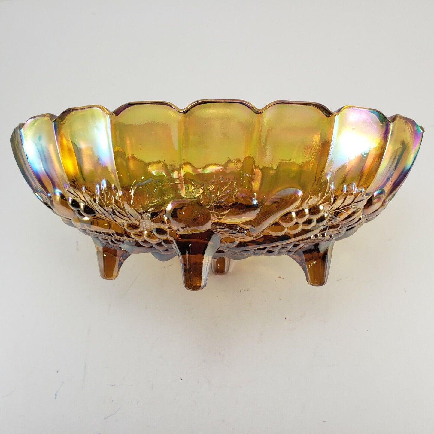 Indiana Marigold Iridescent Carnival Glass Harvest Grape Oval Fruit Bowl 12”