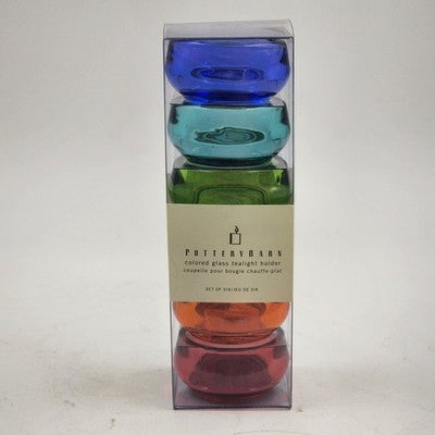 Set of 6 Pottery Barn Colored Glass Tealight Candle Holders in Original Box 7"