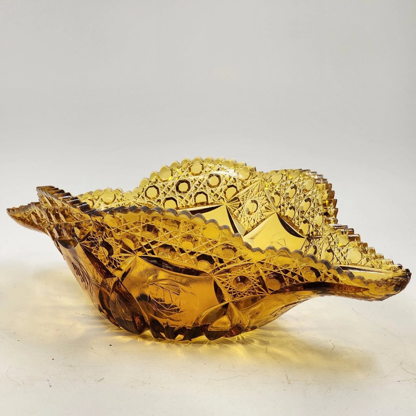Kemple Amber Glass Napoleon Hat Banana Bowl 14.25" Wheatonware Console Dish