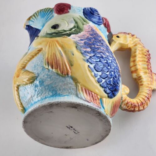 Fl Orgia Ceramic Pitcher Italy Hand Painted Seahorse Handle Fish Starfish Shells