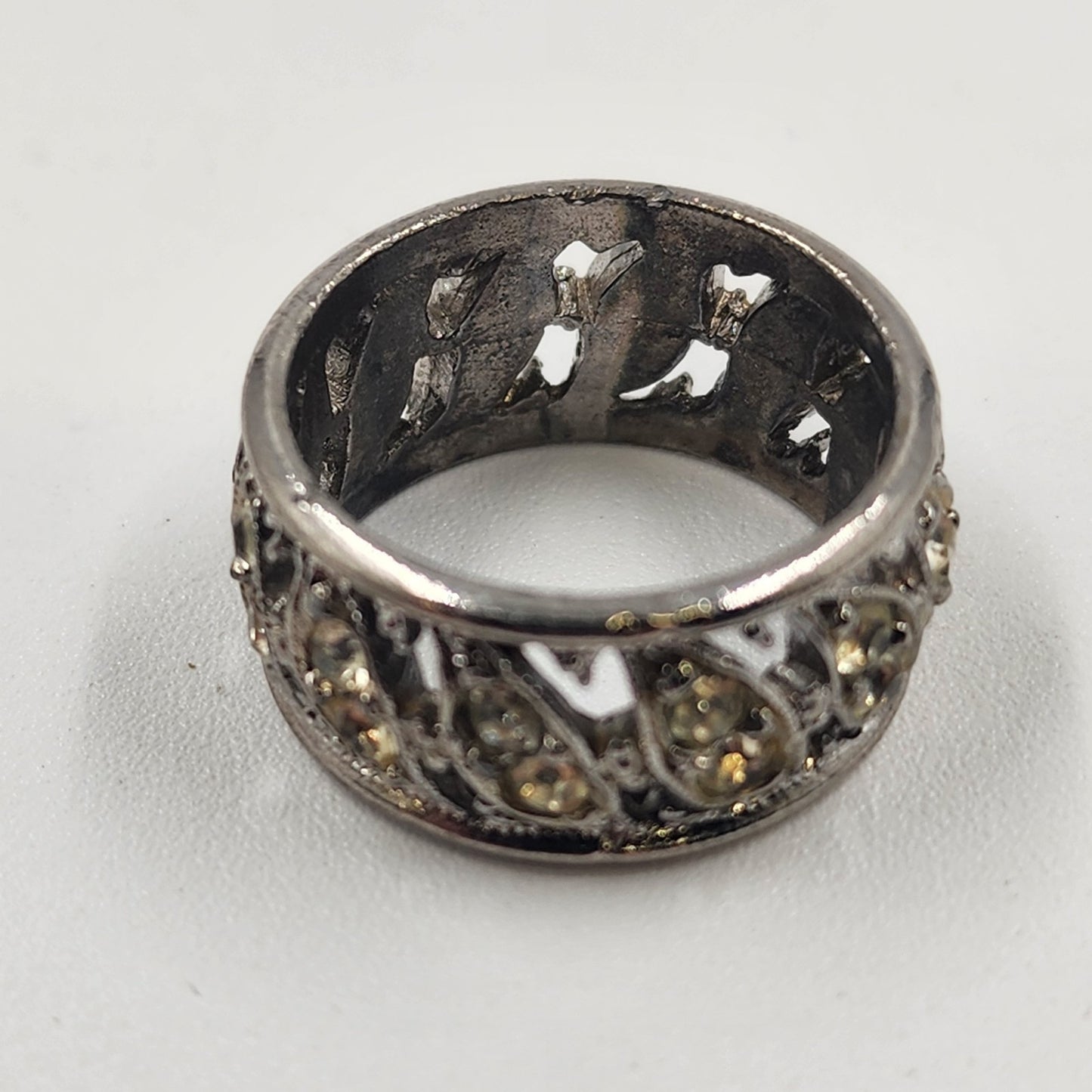 Silver Tone Eternity Ring with Clear Crystal Yellow Rhinestone Size 7 Vintage