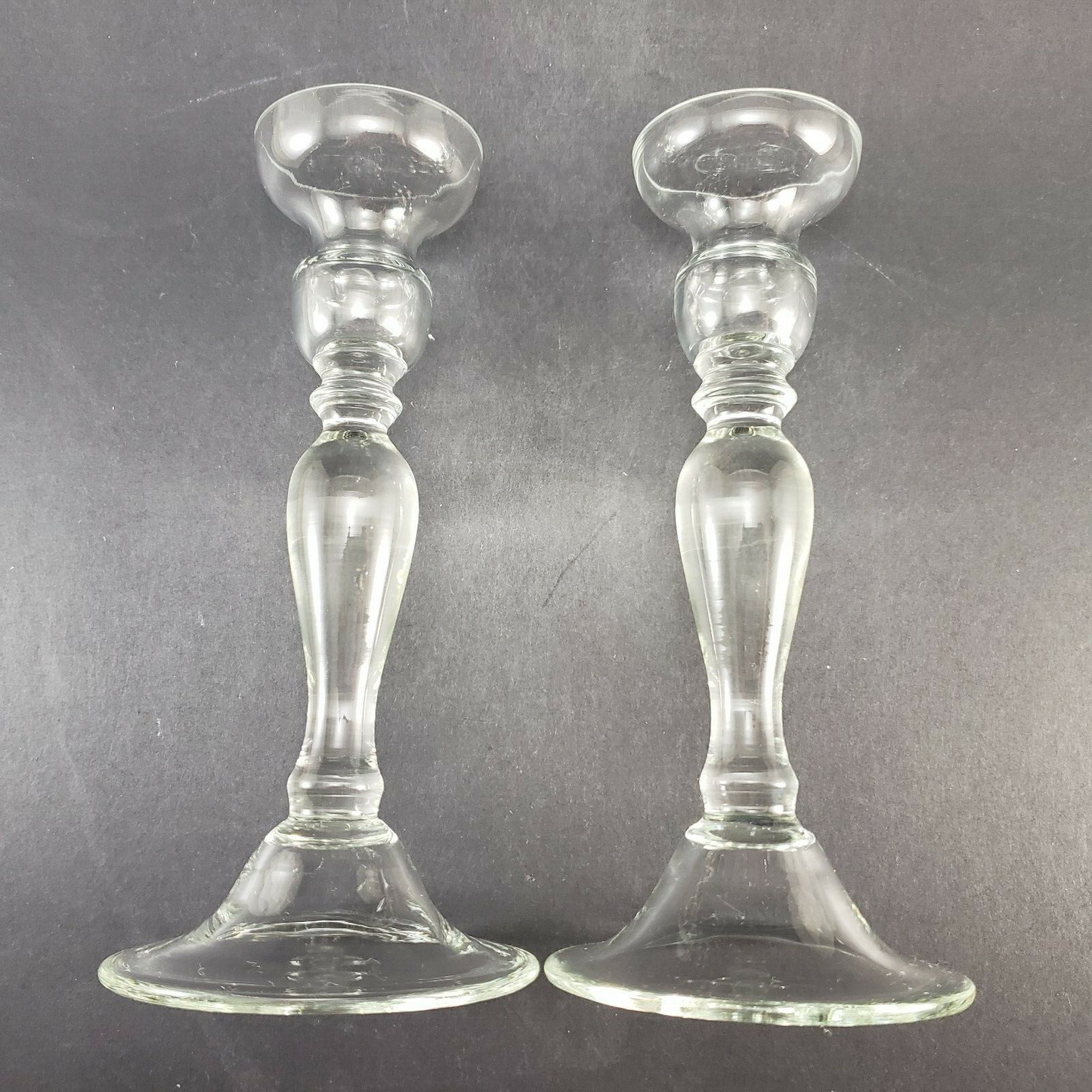 Pair Crystal Clear Glass Candlesticks 9" Tall Vintage Wide Base Holders