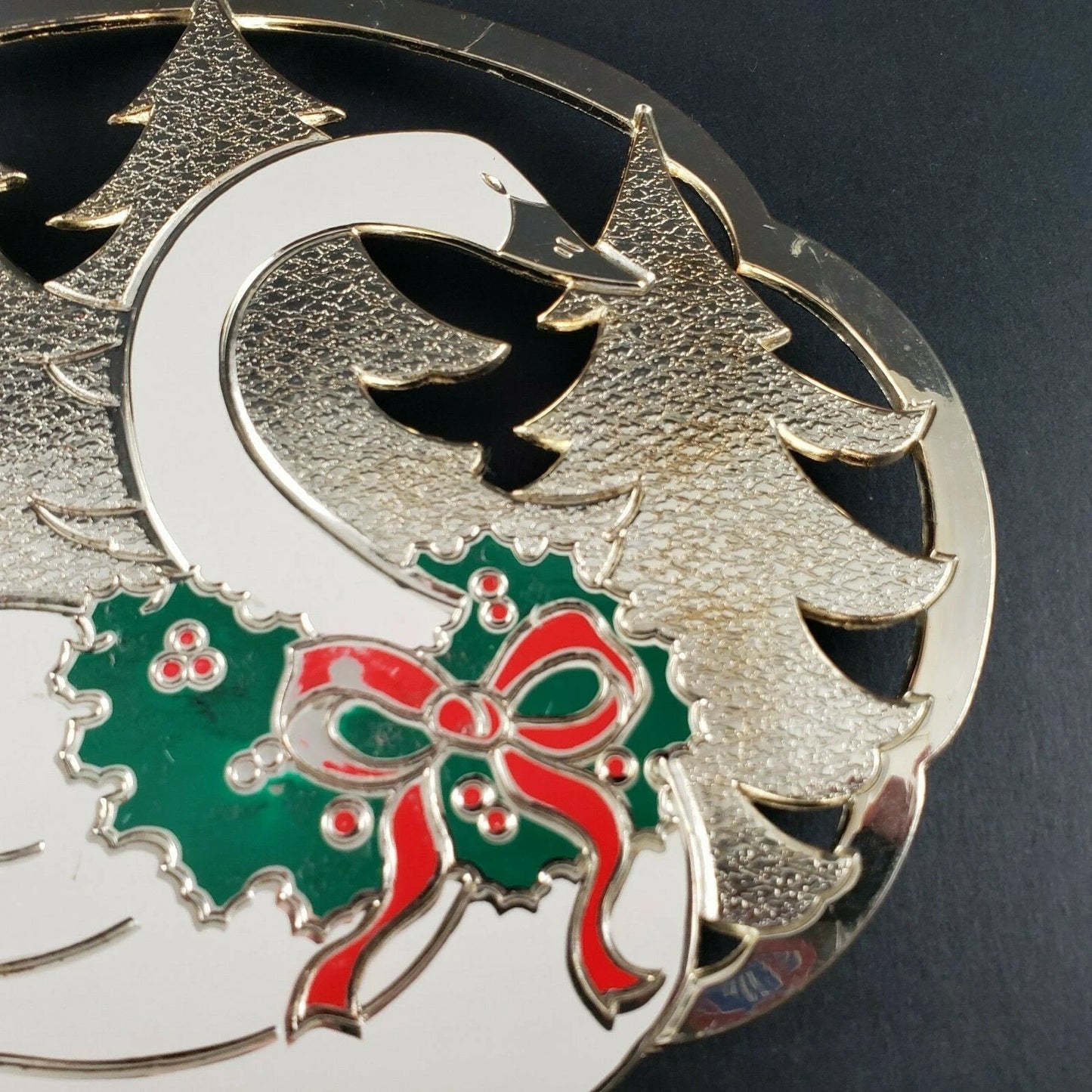 Oneida Silverplate Enamel Swan Trivet Wm A Rogers 1987 Christmas Tree Japan