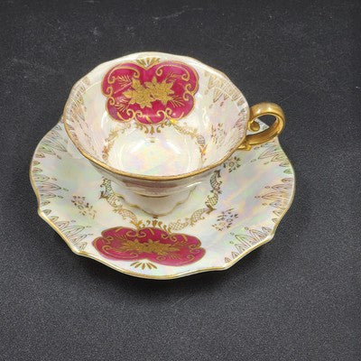 Vintage Iridescent Red Gold Embossed Tea Cup & Saucer Set