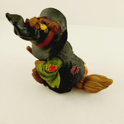 Witchie Bear Flying on her Broomstick Laughing Jack-O-Lantern Halloween Figurine
