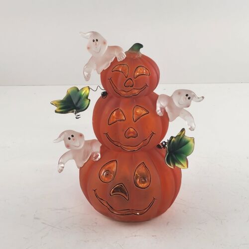 3 Stacked Pumpkins Light up Ghosts 2004 Color Changing Halloween Harvest 7" Tall