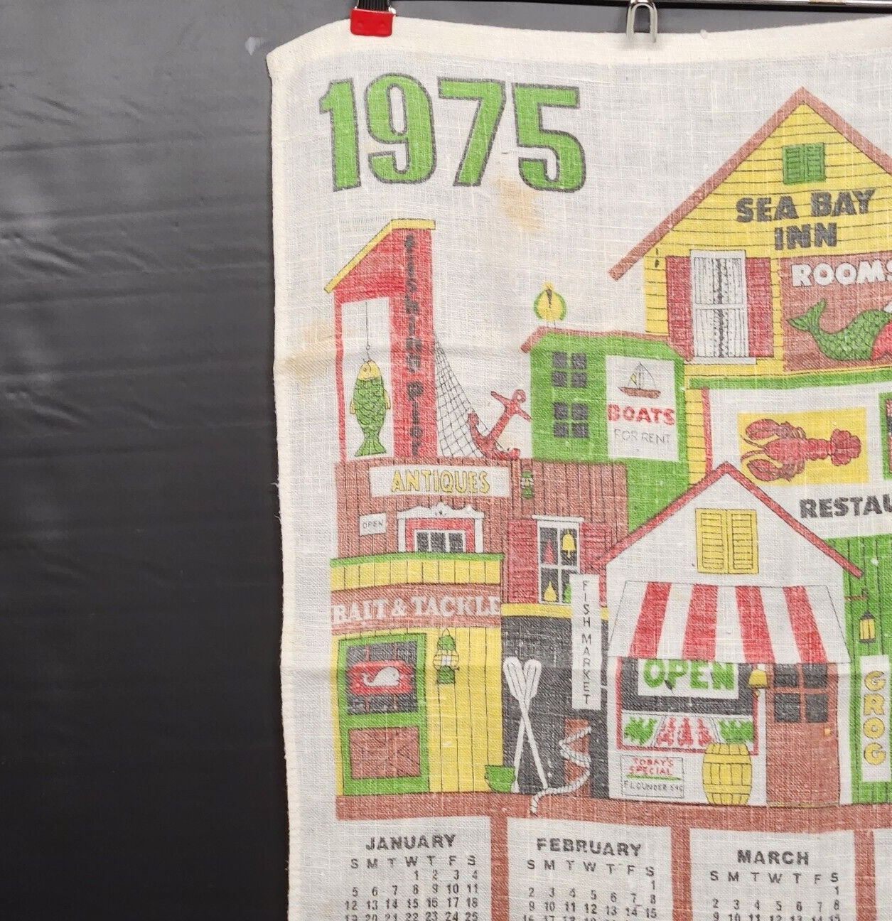 OceanWalk 1975 Calendar Linen Kitchen Towel Multicolor Lobster Seabass Inn Stain