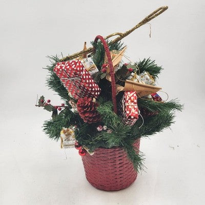 Pine Basket Christmas Centerpiece 15" Pinecone Greenery w Gifts & Music Symbols