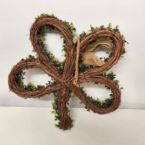 4 Leaf Clover Shamrock Shaped Wreath Plastic Greenery on Grapevine Back Bow 15"