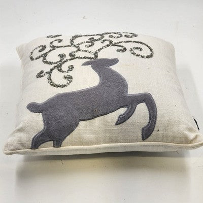 Mud Pie Pillow 13" Sq w Gray Beaded Bling Scrollwork Accent Christmas Reindeer