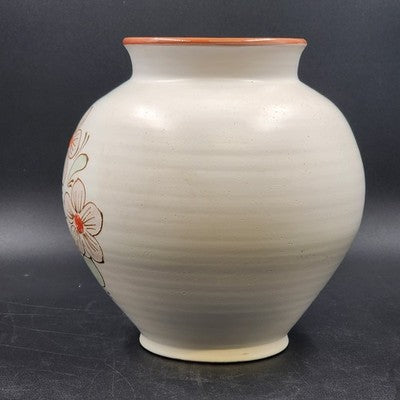 Hungarian Artmark Vase Hand Painted Floral Ceramic Brown Glaze Interior 10"x9"