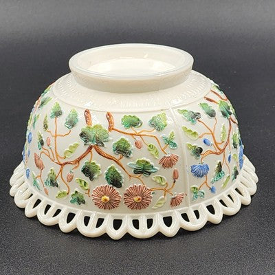 Challinor & Taylor Tree of Life Milk Glass Bowl 8" with a Lace Edge Hand Painted