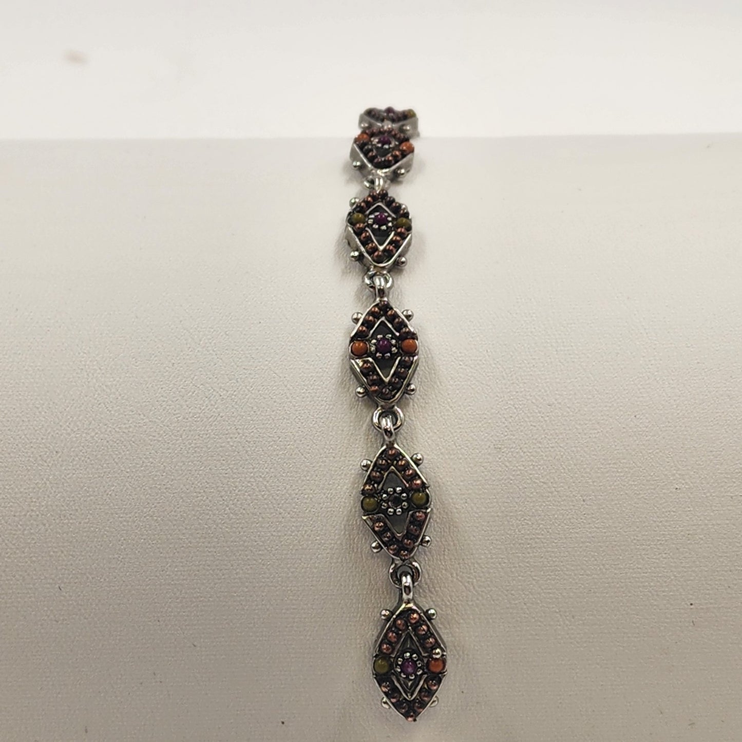 Diamond Chain w/ Orange Brown Beaded Quartz Silver Tone Magnetic Bracelet 7"