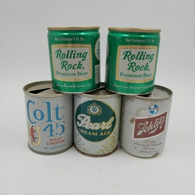 5 Old Vintage Short Empty Beer Cans Schlitz Pearl Cream Ale Colt 45 Rolling Rock