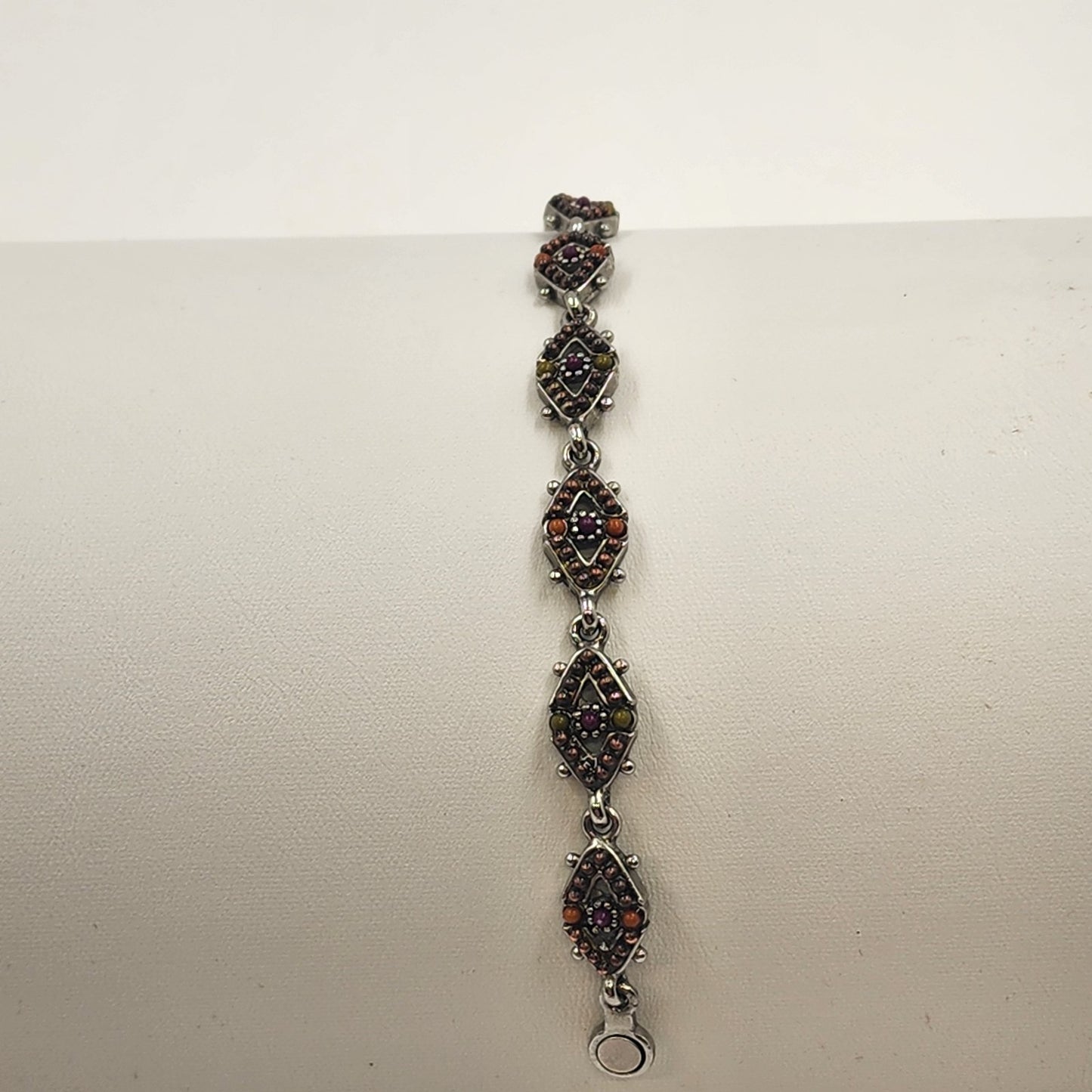 Diamond Chain w/ Orange Brown Beaded Quartz Silver Tone Magnetic Bracelet 7"