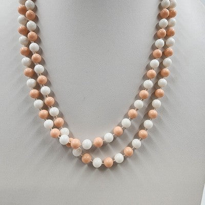 Glossy White and Pink Infinity Faux Rhinestone Beaded Two Strand Necklace 23"