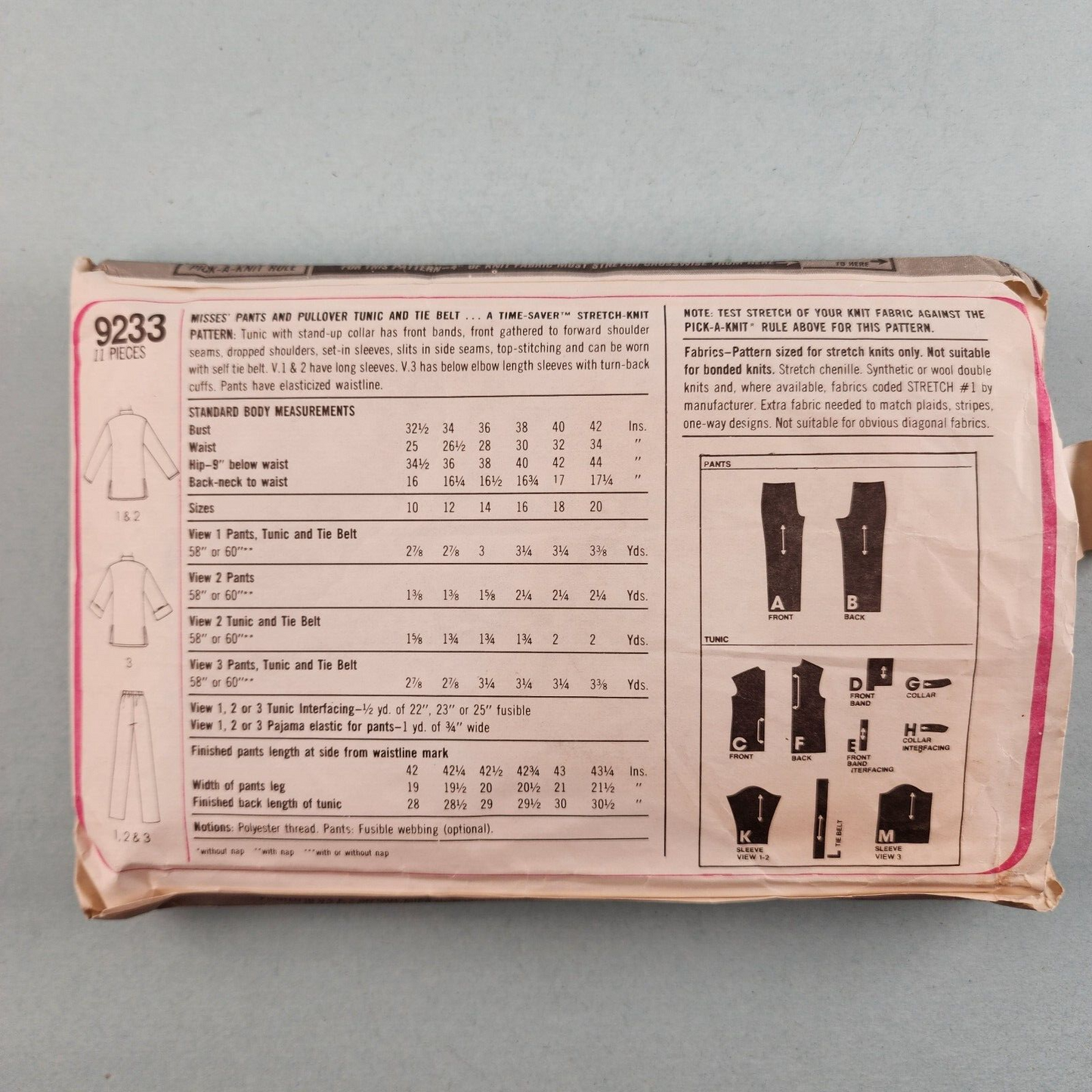 Simplicity 9233 Vintage Sewing Pattern Women's Pants Pullover Tunic with Belt