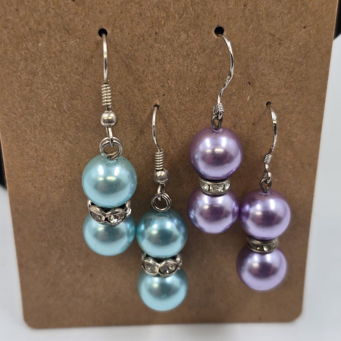 2 Set Earrings Teal & Lavender Faux Pearl Beads with Rhinestone Drop Dangle Hook