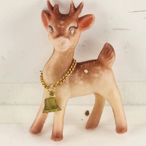 2 Plastic Hollow Reindeer Vintage Figurines Bells Chains Hong Kong 3.5"h