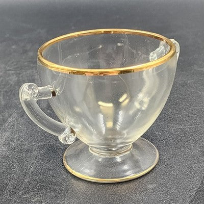 Crystal Clear Glass Sugar Bowl & Creamer 3.25" Gold Gilt Rim Scroll Handle