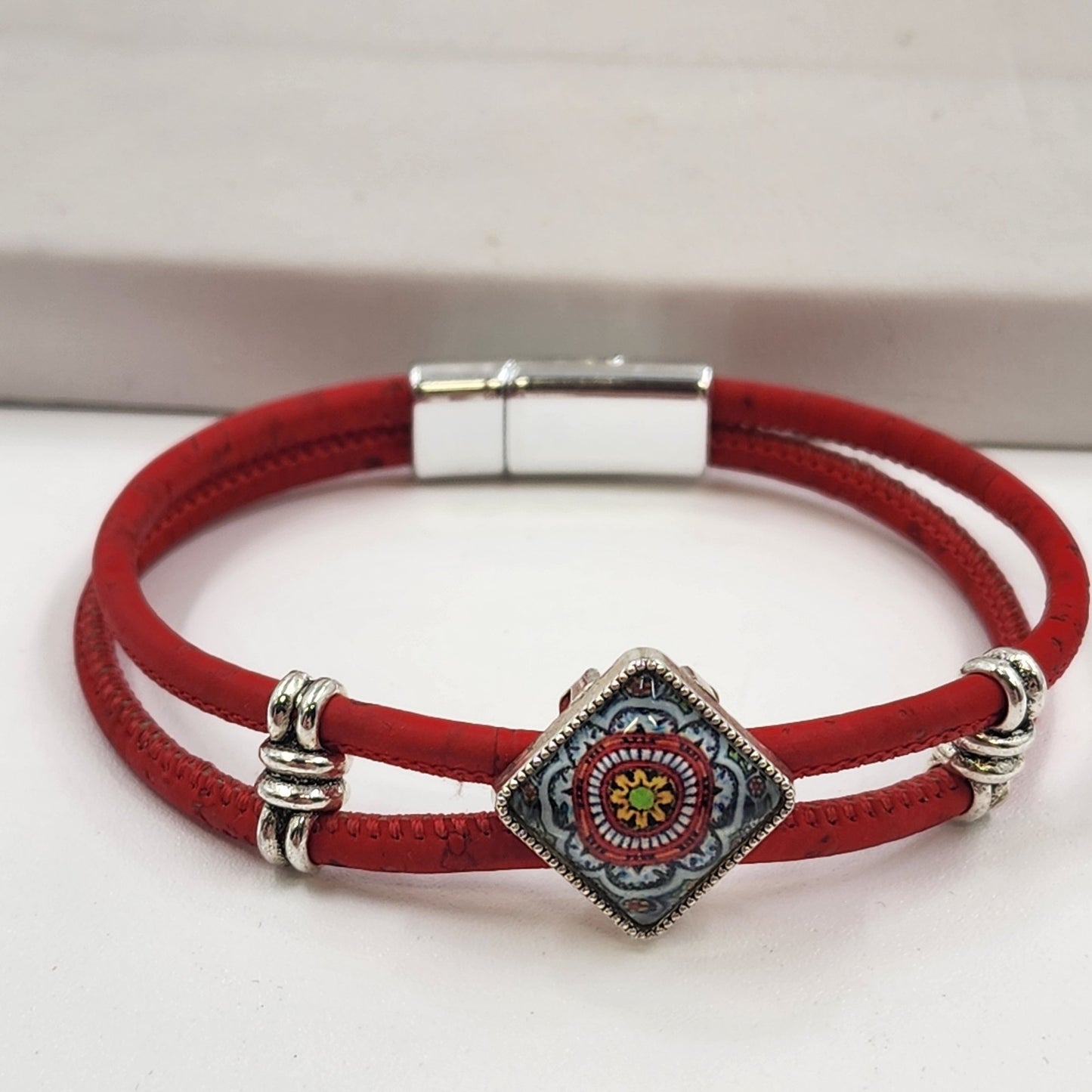 Red Cord Bracelet with Silver Tone Mosaic Slide Charm Boho Jewelry