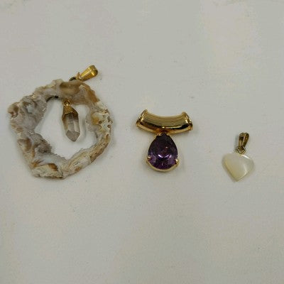 3 Pendants Charm Agate Goede Amethyst Precious Stone Gold Tone Teardrop No Chain