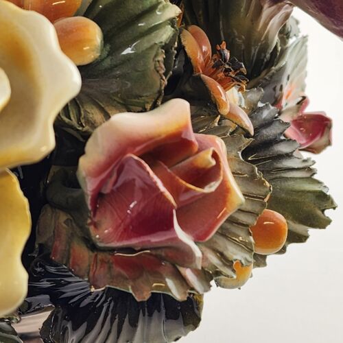 Capodimonte Large Floral Multicolor Centerpiece Footed Short Vase 10.5"h Chipped