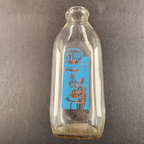 Virginia Dairy Glass Milk Bottle 1 Quart Orange and Blue Logos STOP School Bus