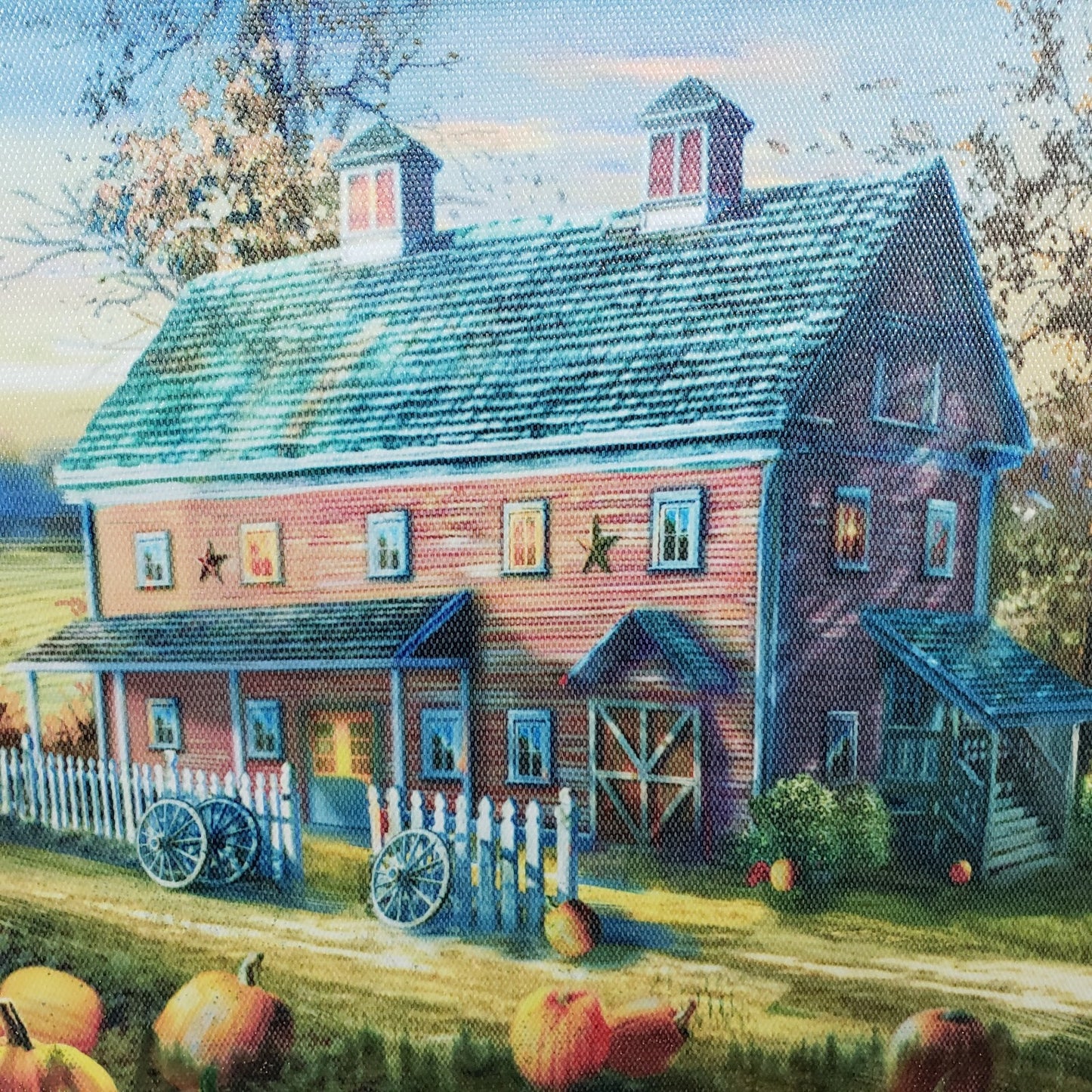 Canvas Print Autumn Country Landscape Farm Barn House Lights w/ Water Damage
