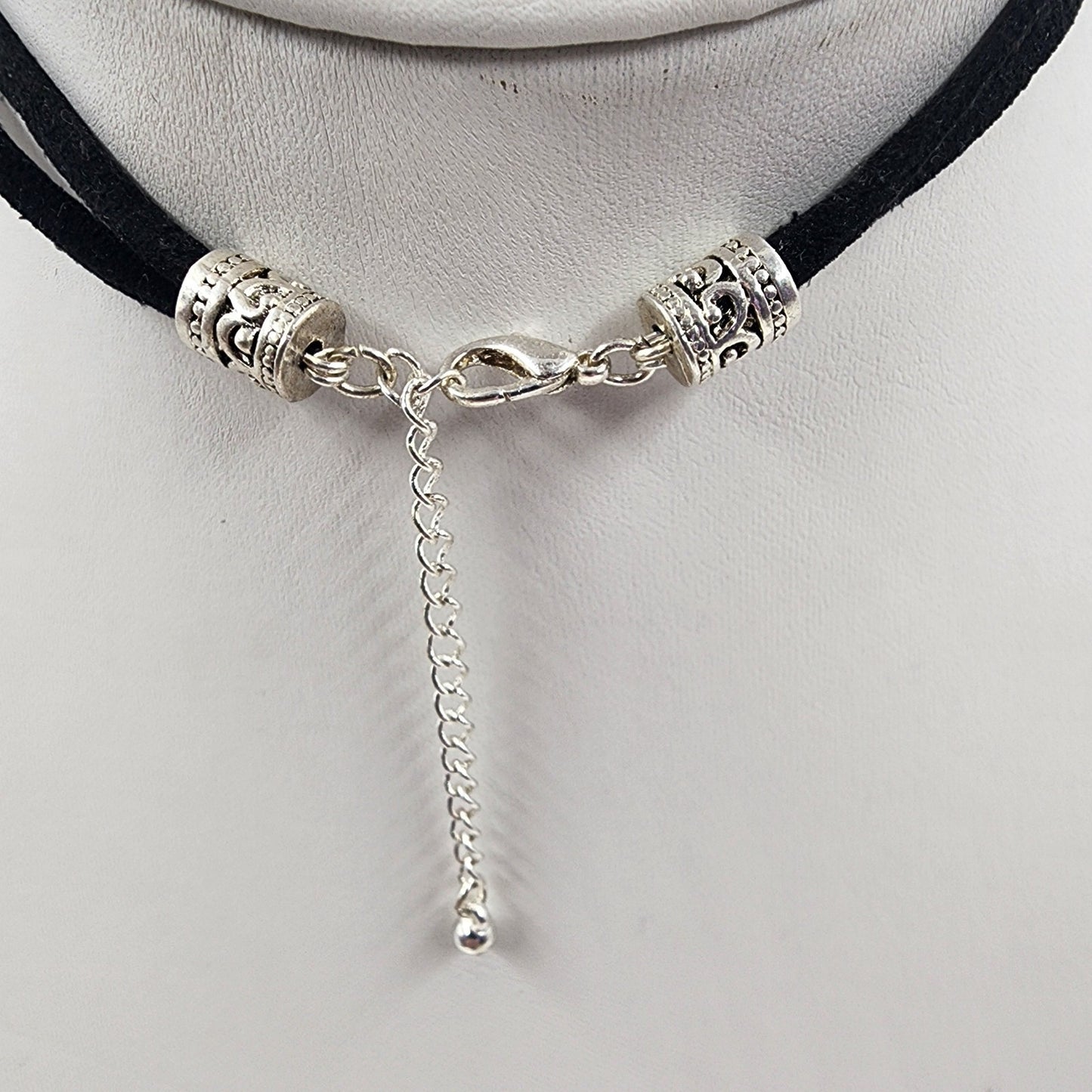 Black Corded Silver Tone Charm Heart Black Large Faux Pearl Bead Dangle Necklace