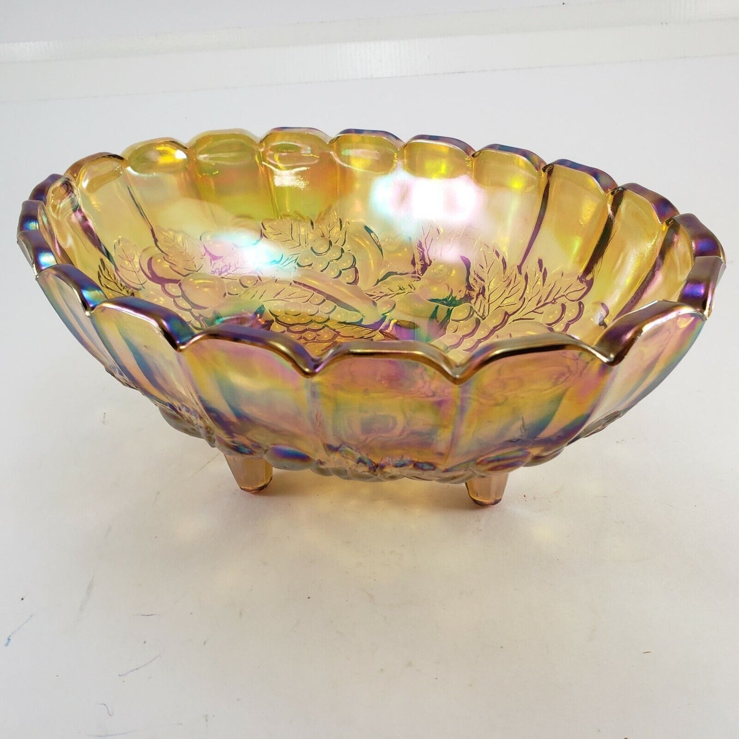 Indiana Marigold Iridescent Carnival Glass Harvest Grape Oval Fruit Bowl 12”